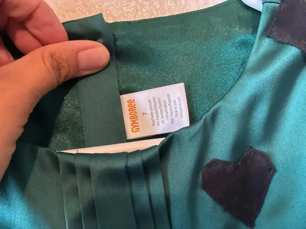 Gymboree Green Satin Dress with Black Bow And Bone Detail Size 7
